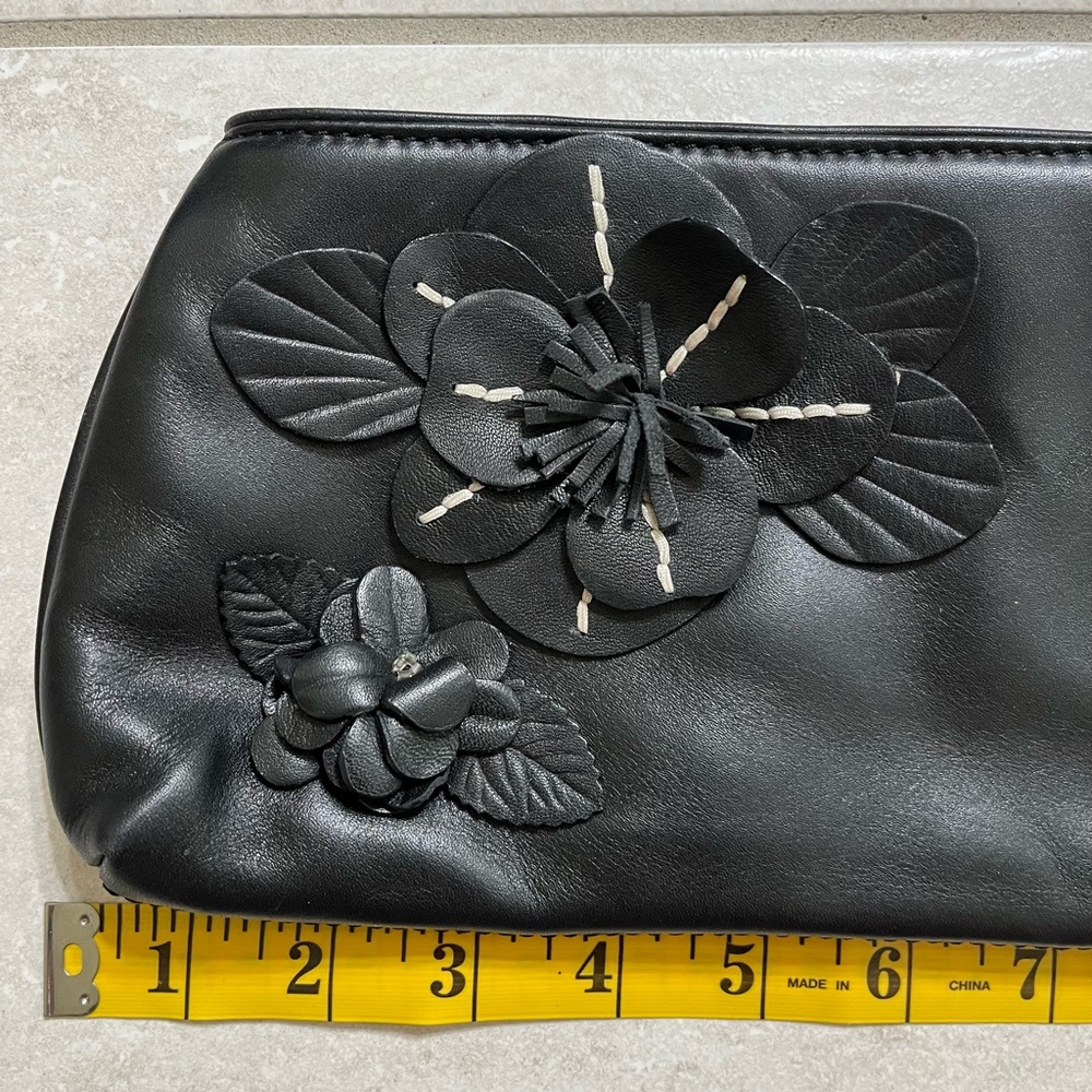 Cole Haan Genuine Leather Elegant Black Clutch with Floral Design